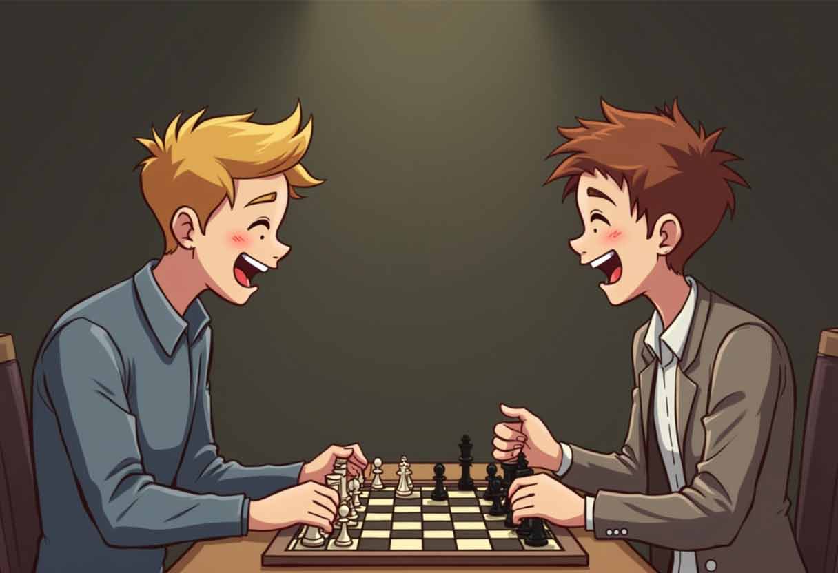 Two friends laughing over a chessboard.