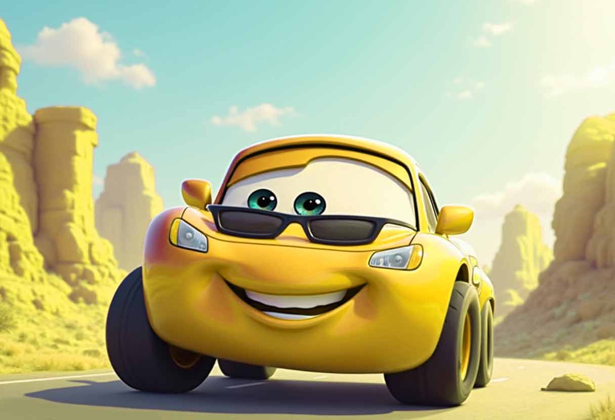 A cartoon car with a big smile and sunglasses.