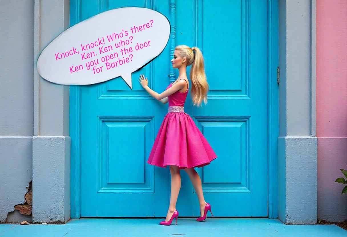 A colorful illustration of Barbie knocking on a door, with speech bubbles saying "Knock, knock!"