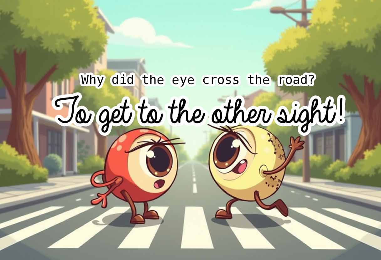 A playful cartoon of two large, animated eyes crossing a street and having a conversation
