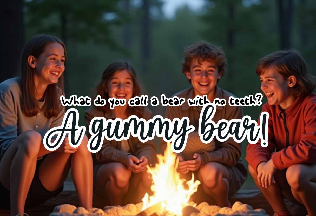 A group of campers laughing around a campfire.