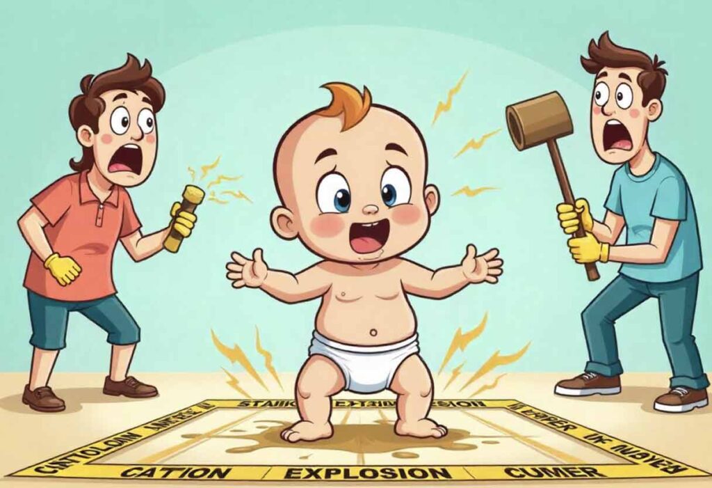 Baby in a diaper blowout scene with parents looking horrified and holding cleaning tools.
