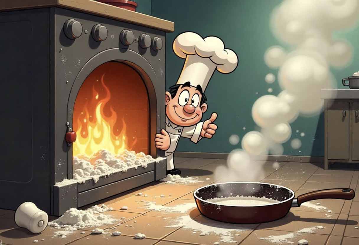 A chaotic kitchen with smoke rising and a surprised chef mid-fail