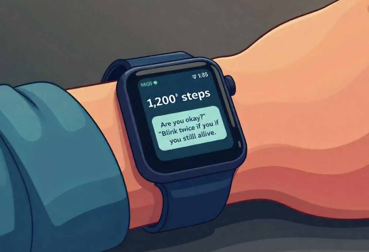 Funny smartwatch screen showing low steps and sarcastic tone