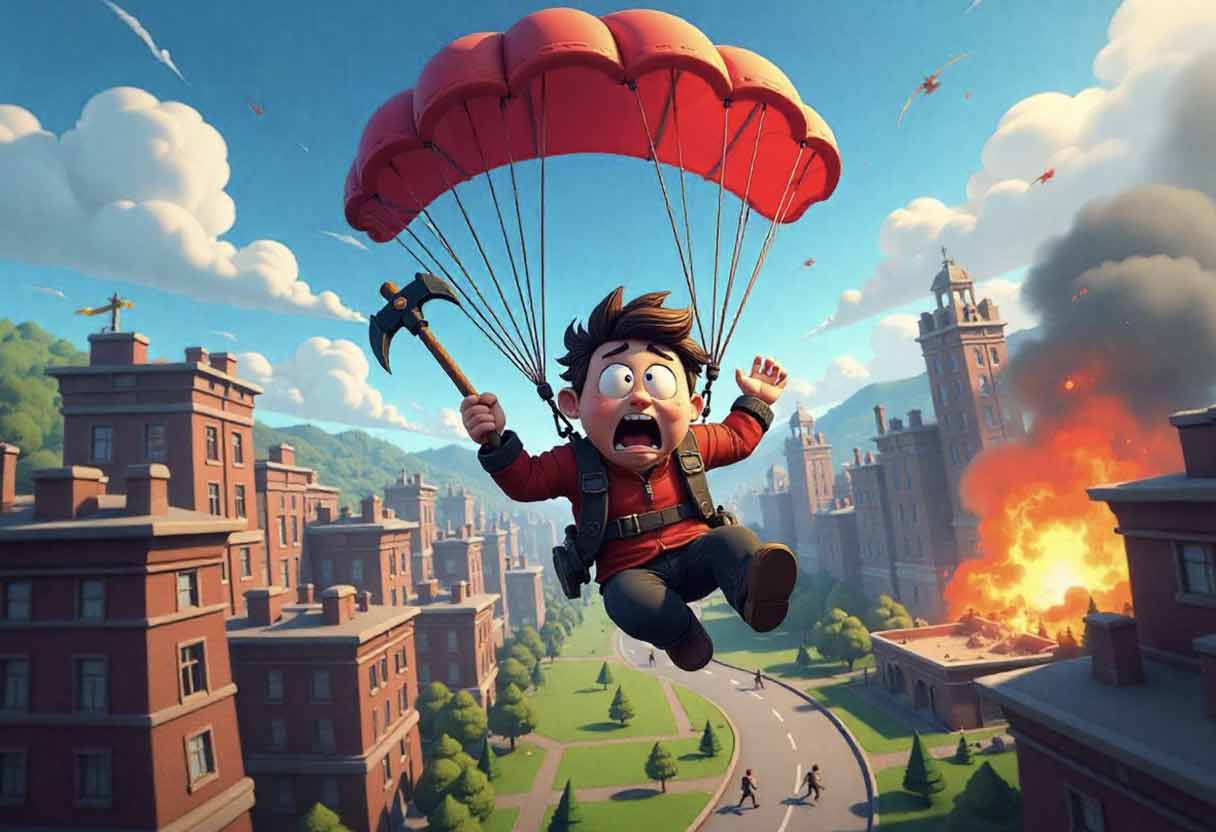 Animated player dropping solo into a full squad’s territory