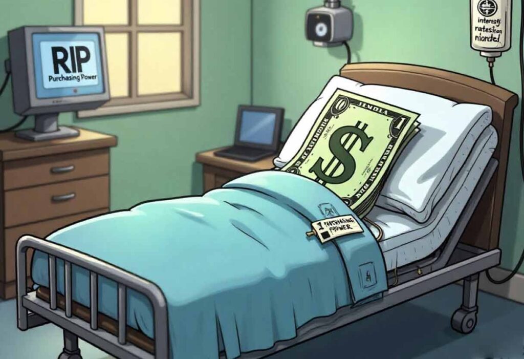 Cartoon dollar bill in critical condition due to inflation