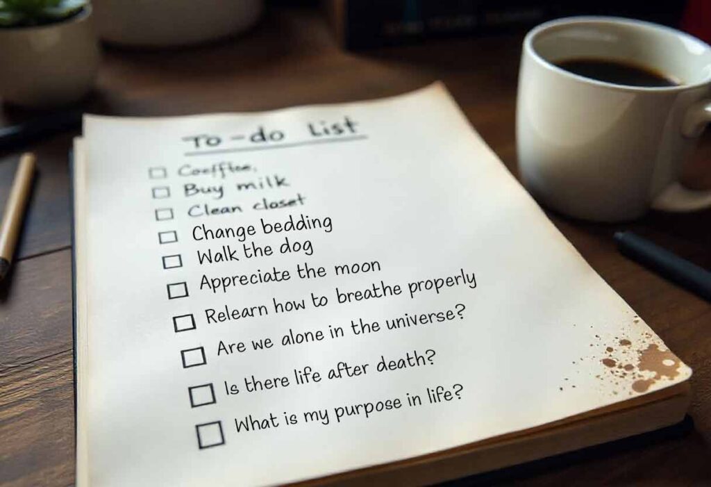 Overthinker's to-do list escalating from 'Buy milk' to 'Question life purpose.'
