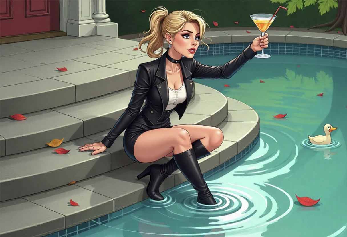 Person posing dramatically on flooded steps in knee-high boots, holding a cocktail