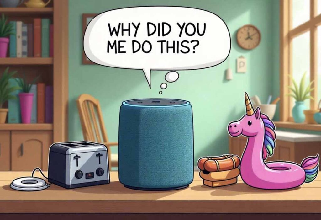 Funny regret image showing Amazon Echo and useless purchases