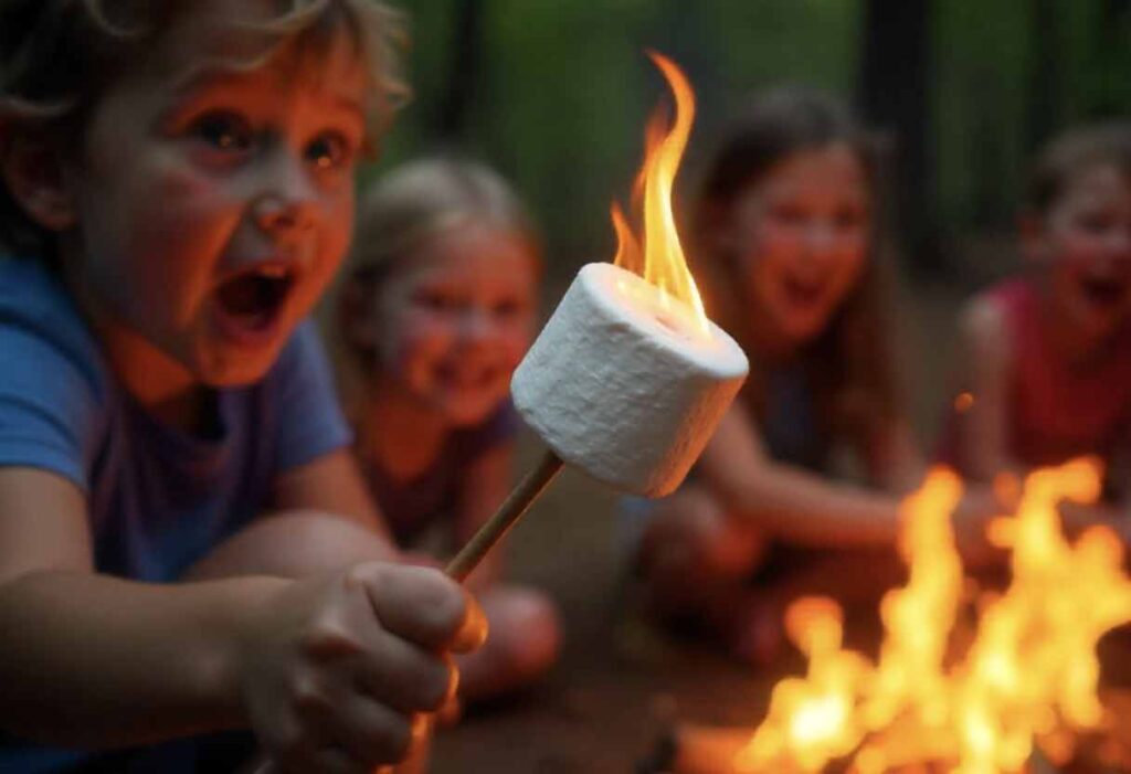 Camper holding a flaming marshmallow over a campfire, laughing with friends.