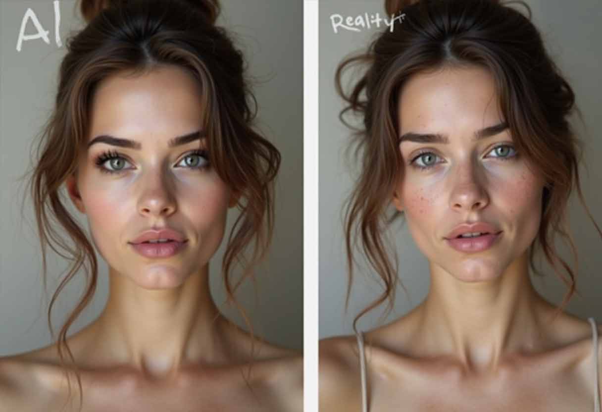 Side-by-side image labeled “AI” and “Reality,” showing a glam-filtered portrait vs. a tired, unedited face
