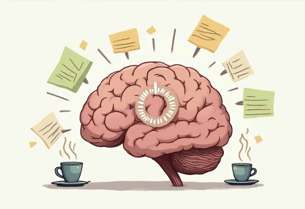 Funny image of brain in low-power mode, buffering