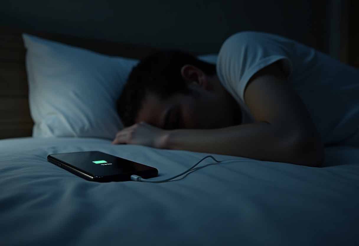 A fully charged phone on one side of the bed, with a person lying face-down on the other — visually contrasting tech energy with human exhaustion.