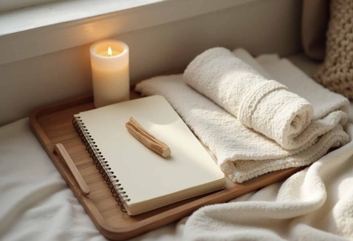 A serene tray setup with candle, journal, palo santo, and folded blanket in a cozy meditation nook.