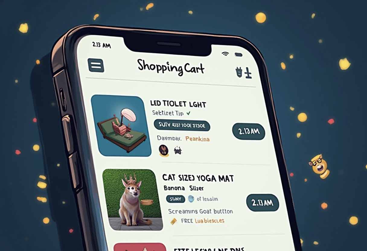 A phone screen showing a ridiculous 2AM impulse shopping cart with bizarre items like an LED toilet light and a cat yoga mat.
