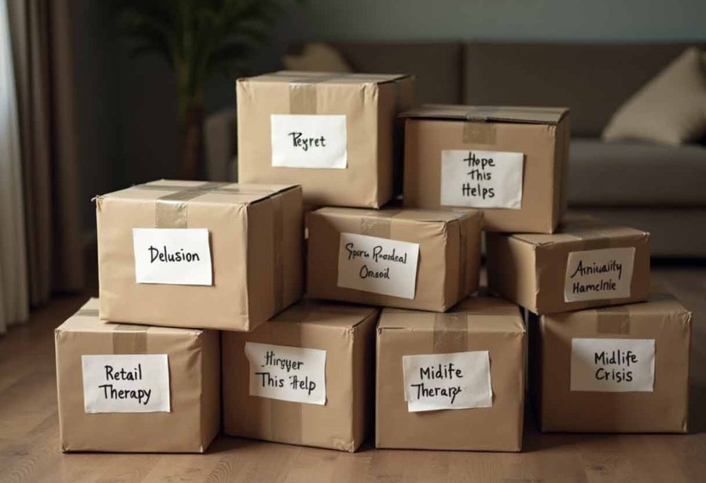 Unopened delivery boxes labeled with emotional states