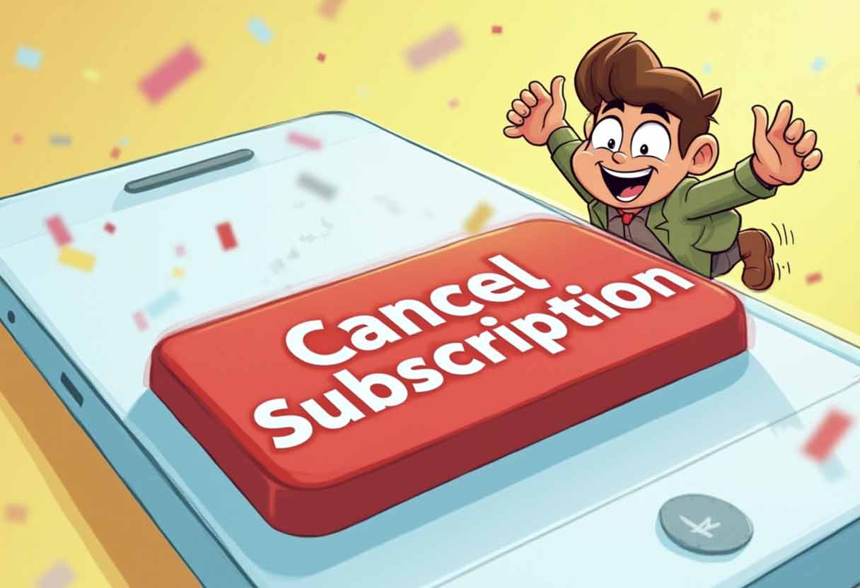 A happy cartoon figure presses a big red “Cancel Subscription” button on their phone, celebrating newfound freedom.