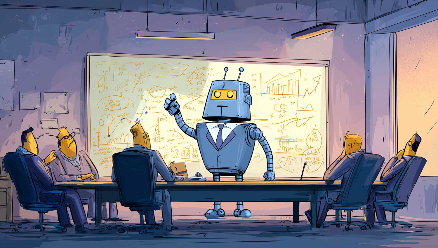 Cartoon robot standing at a whiteboard with humans looking tired