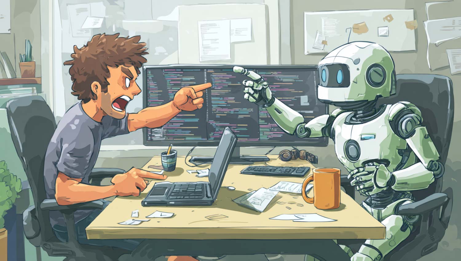 Cartoon developer at a desk while robot points at code on screen