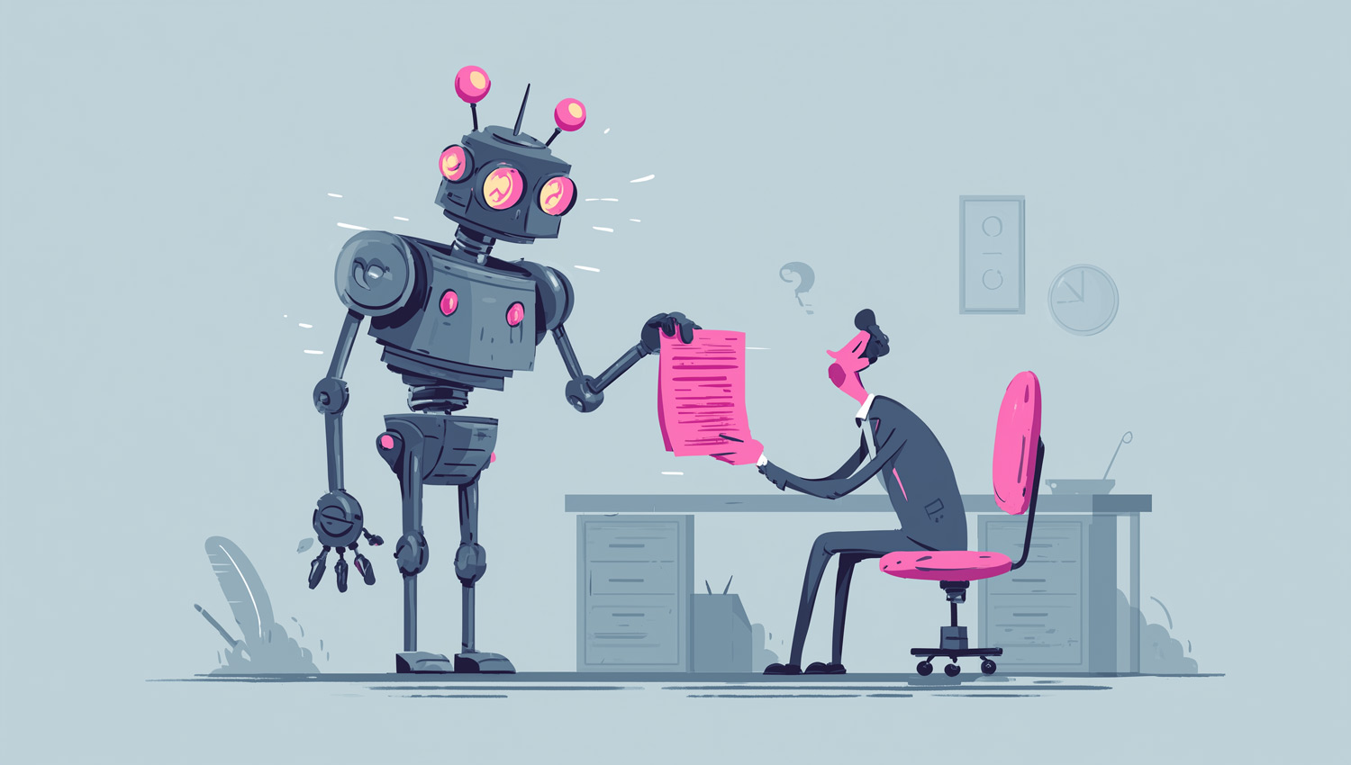 Cartoon robot handing a layoff notice to a confused worker