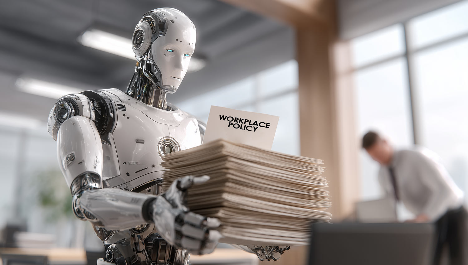 Polite robot giving a long document labeled “Workplace Policy”