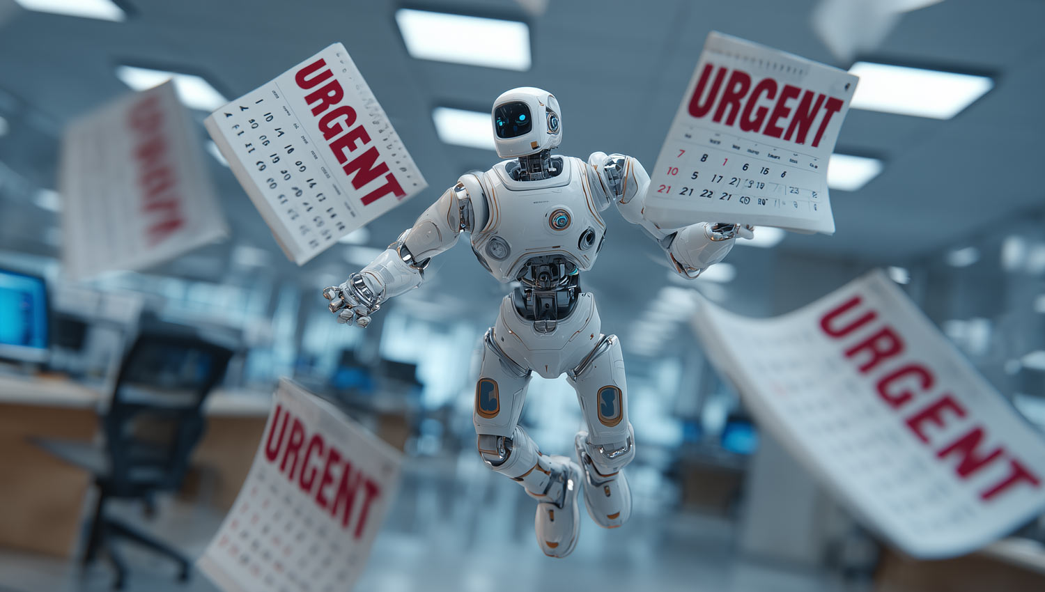 Robot holding 5 calendars all marked “urgent”