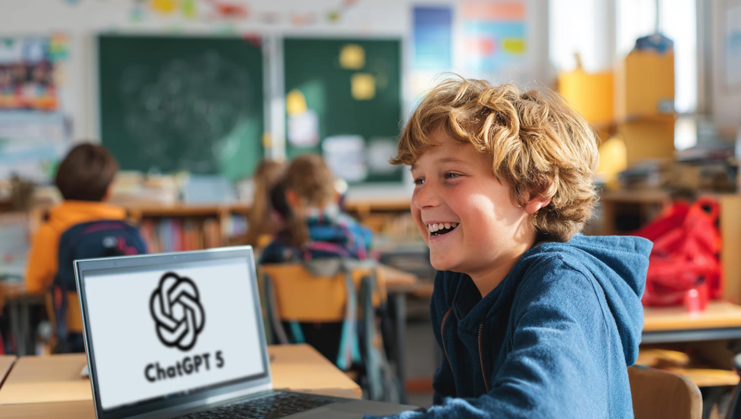 Child in school laughing while asking ChatGPT homework questions