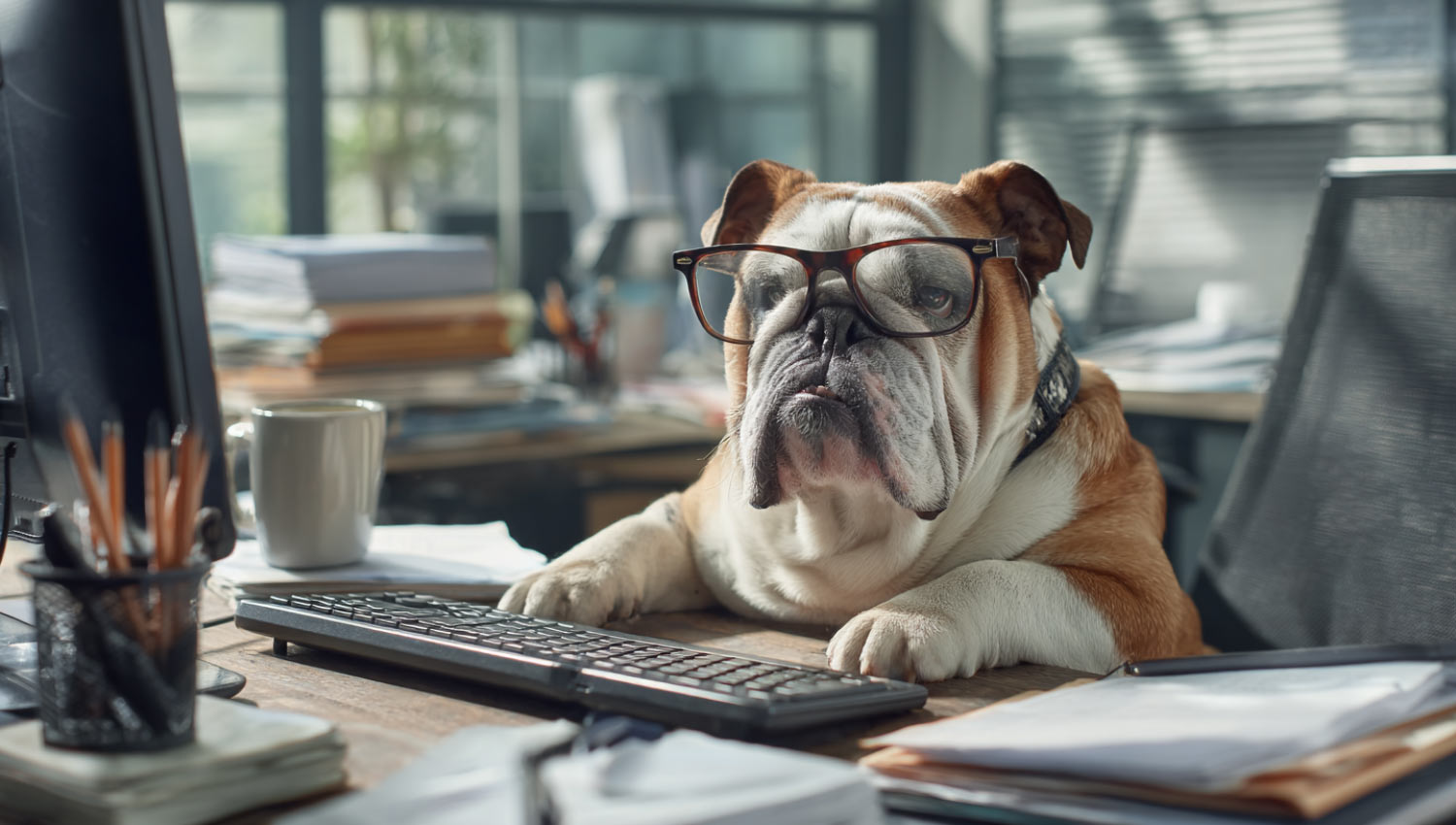 Bulldog wearing glasses with a paw on the keyboard looking like an employee