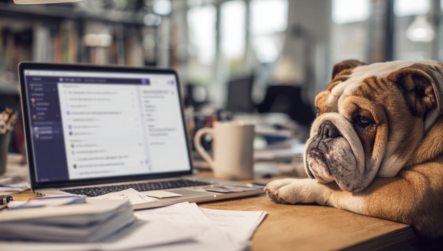 Bulldog staring at a glowing laptop screen like it’s waiting for ChatGPT answers