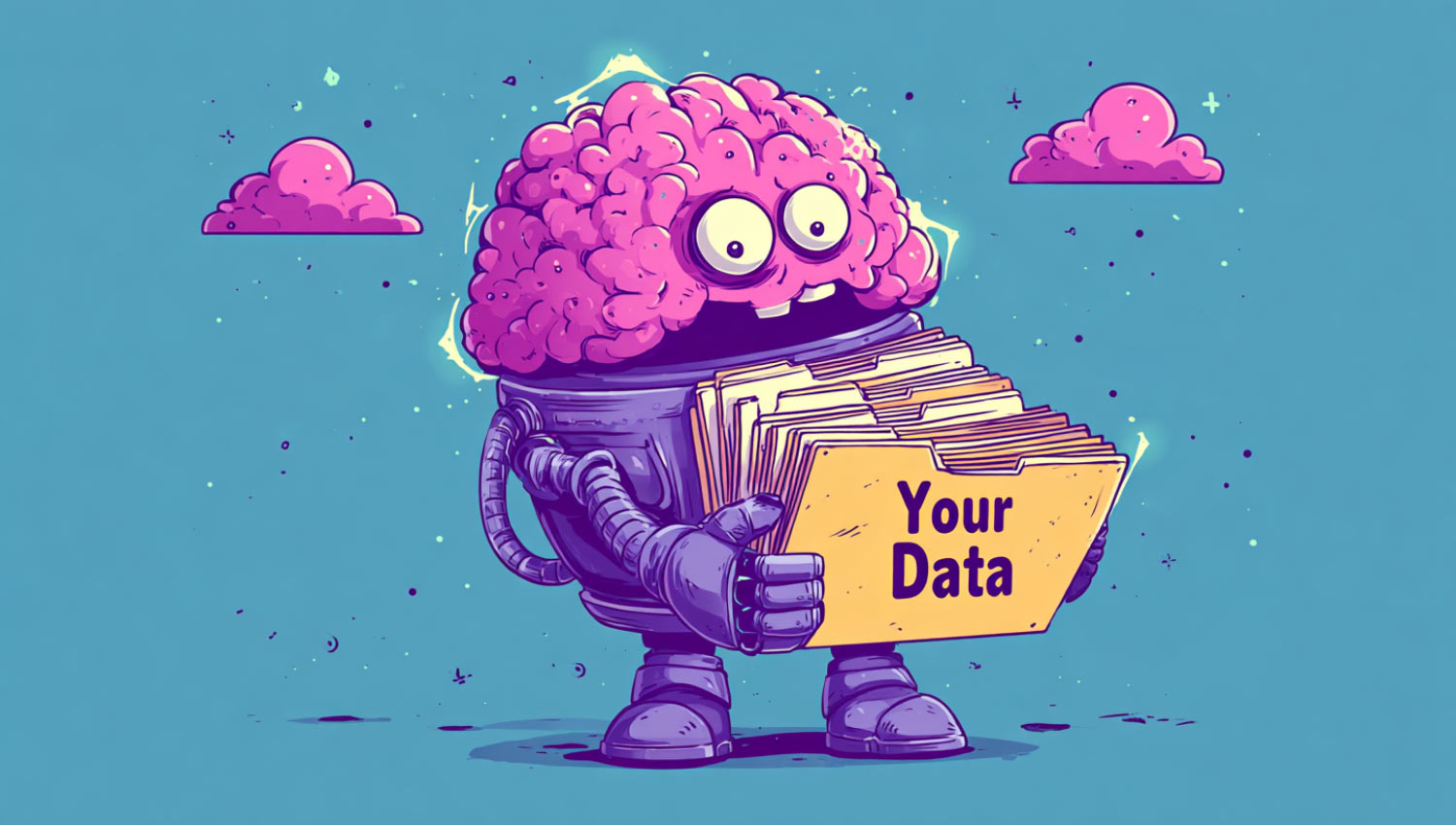 Cartoon robot with giant brain holding folders labeled “Your Data”