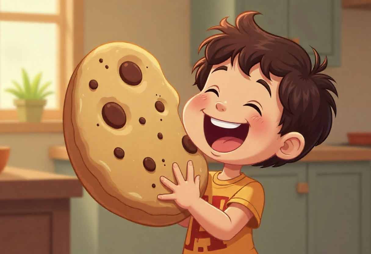 Child laughing while holding an oversized cookie