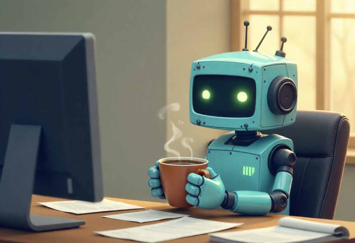 Cartoon robot holding a coffee mug at an office desk.