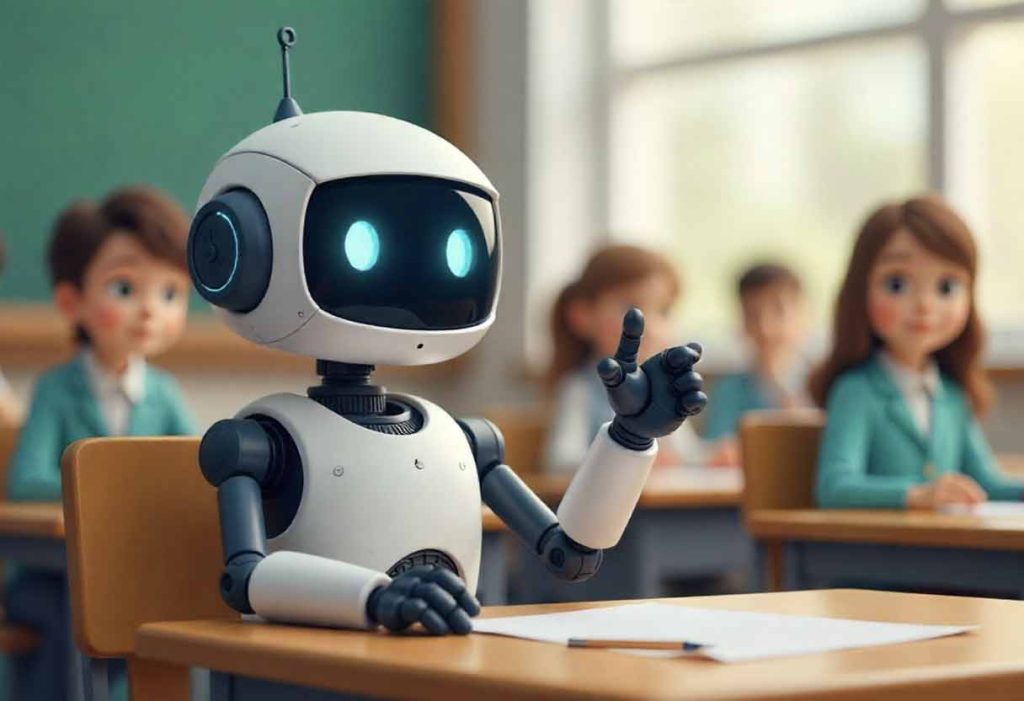 Robot student with hand up in a classroom asking a question