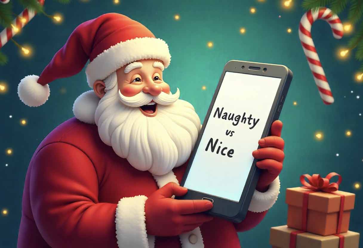 Santa with a giant smartphone checking his list
