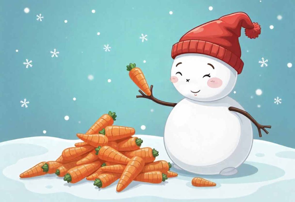 Snowman choosing a carrot as a nose from several options
