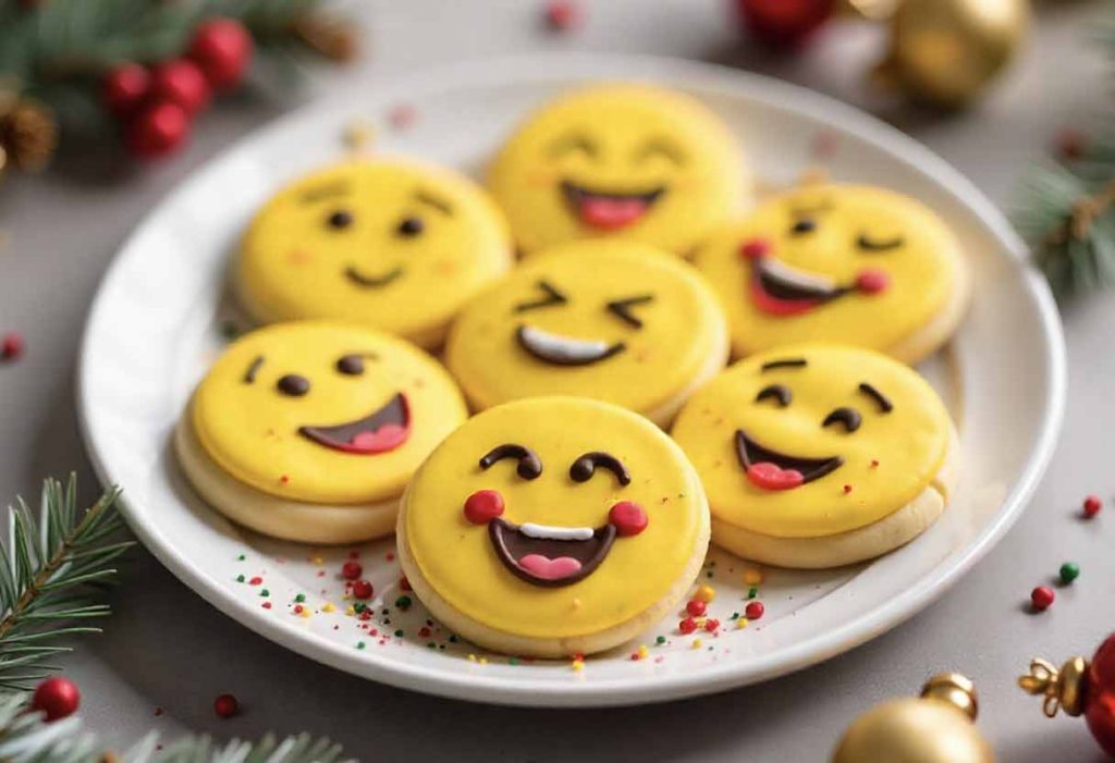 Plate of Christmas cookies decorated as laughing face emojis