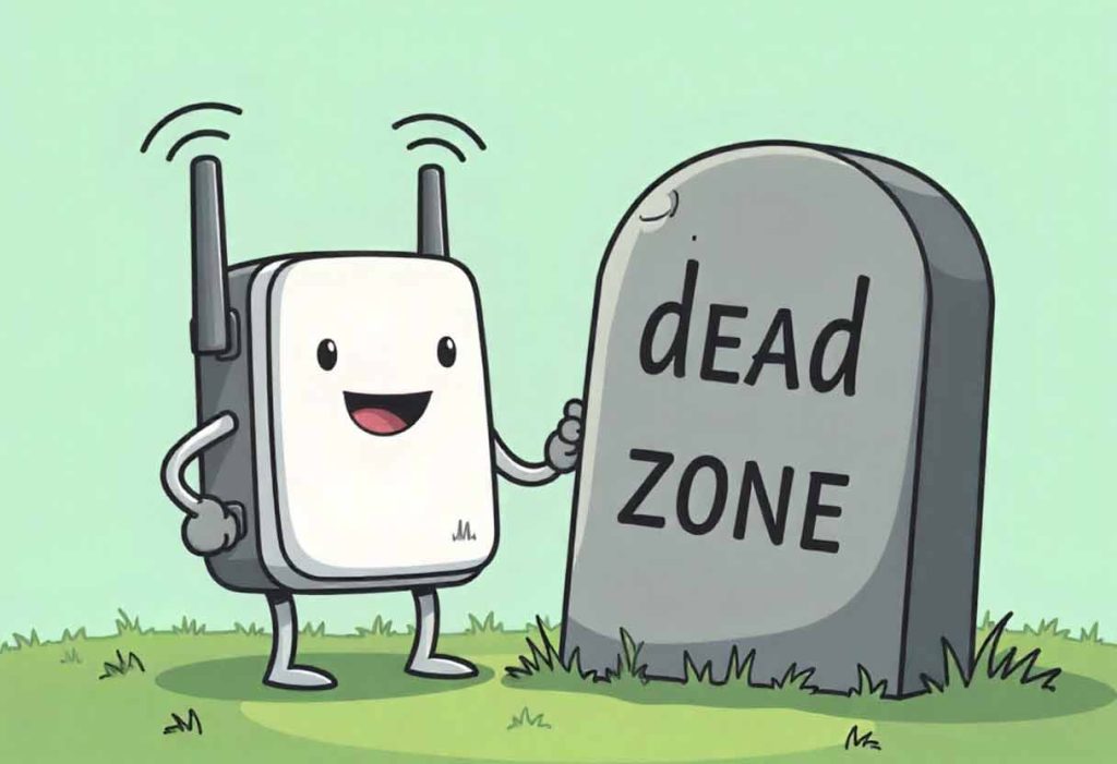 Cartoon Wi-Fi router at a gravestone labeled “dead zone.”