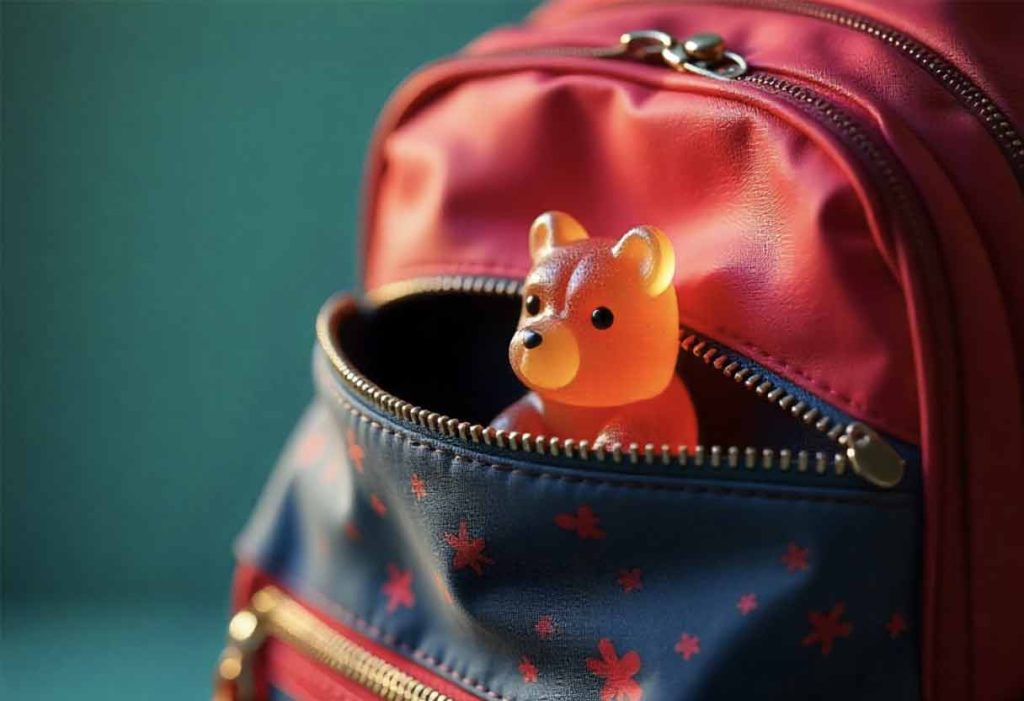 School backpack with a gummy bear wedged in the zipper