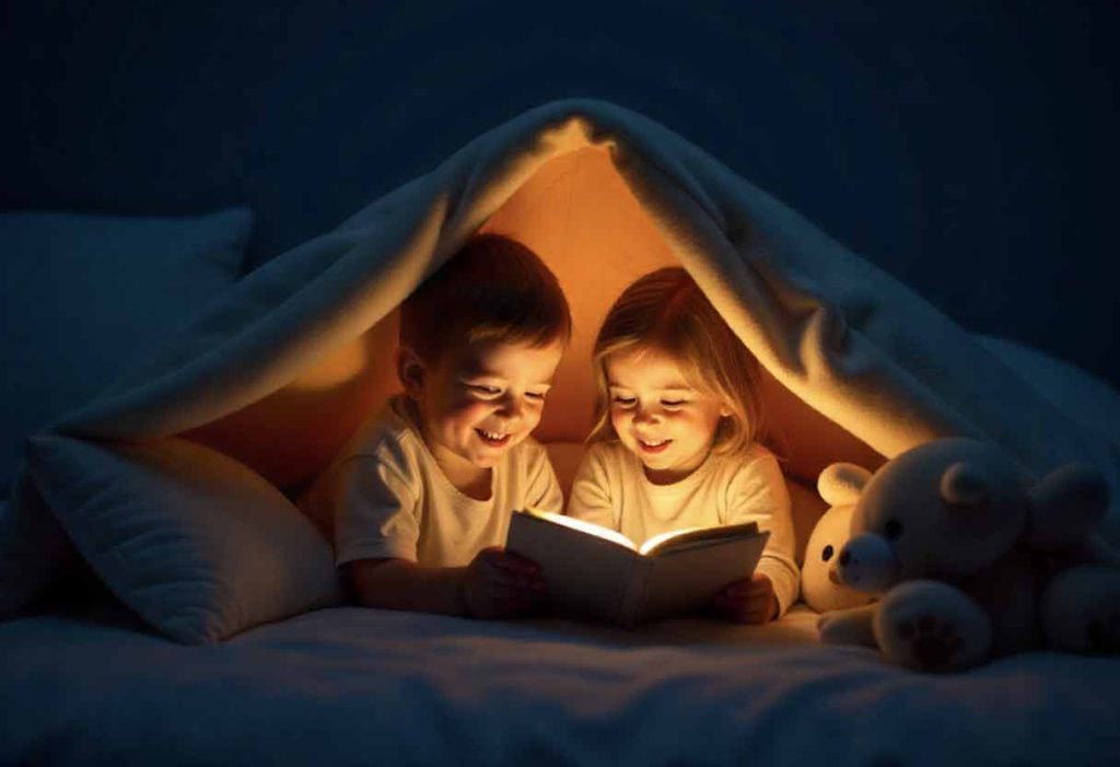 Kids under blanket fort laughing at bedtime jokes