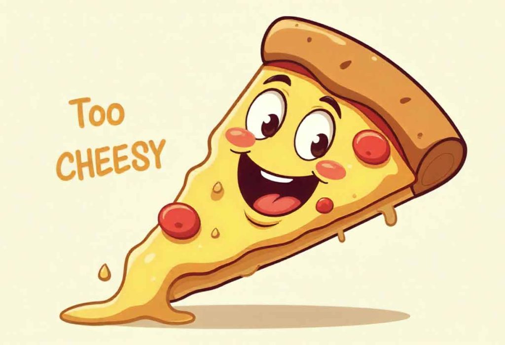 Cartoon pizza slice smiling with the caption “too cheesy.”