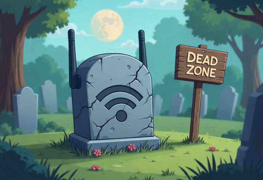 Graveyard with router showing “dead zone” Wi-Fi joke