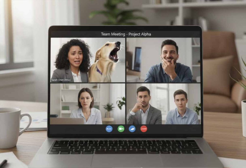 Office Zoom call with a dog barking in the background