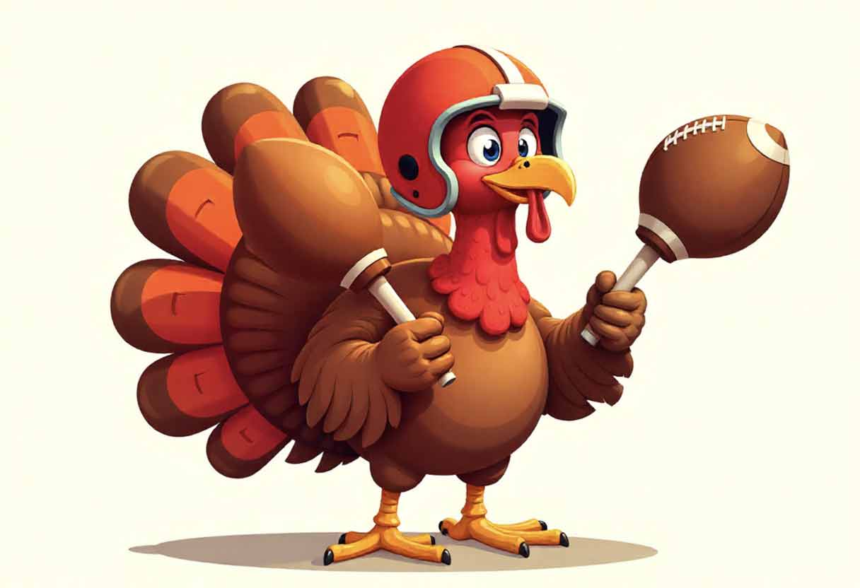 Cartoon turkey wearing a football helmet holding drumsticks
