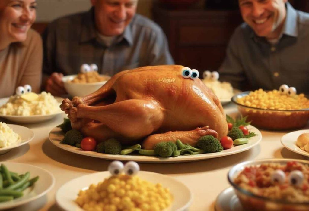 Thanksgiving side dishes with googly eyes as a playful prank