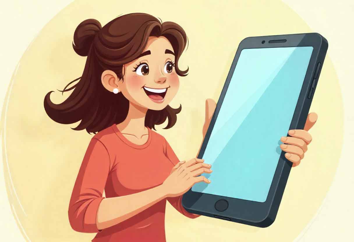 Funny illustration of a mom holding an oversized smartphone