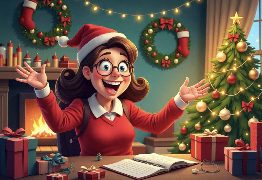 Cartoon mom over-decorating for the holidays