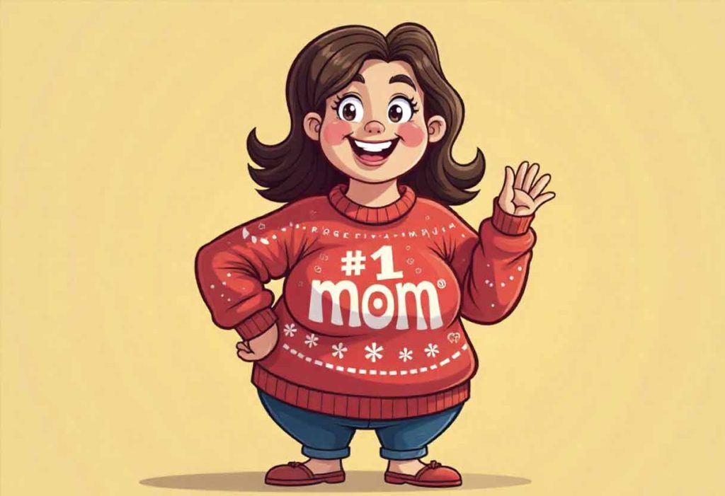 a cartoon mom wearing an ugly sweatshirt that says "#1 Mom"
