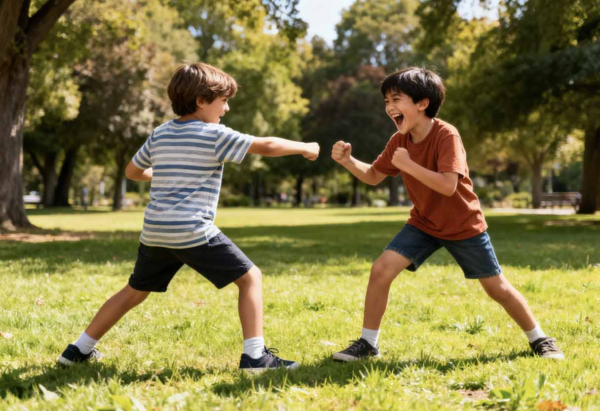 Two kids jokingly trade insults in a park as friends react and laugh.
