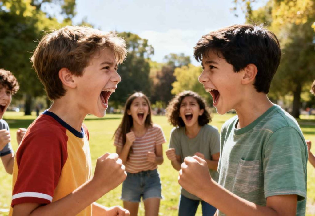 Kids jokingly swap exaggerated insults in a park as friends laugh and react.