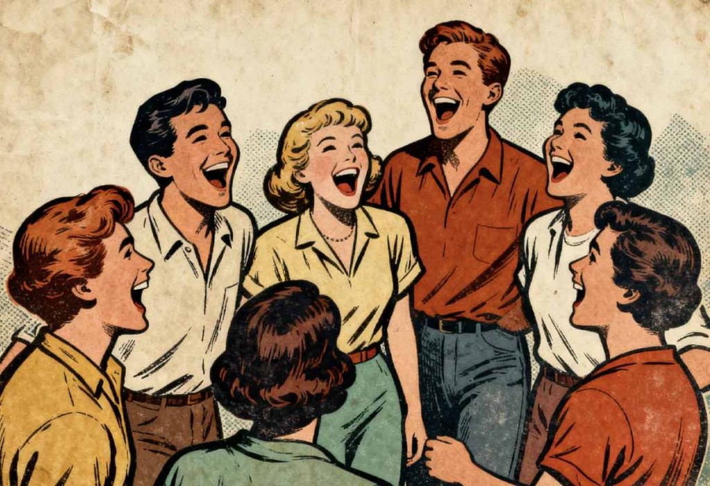 Retro illustration of a group laughing during an improvised roast session.